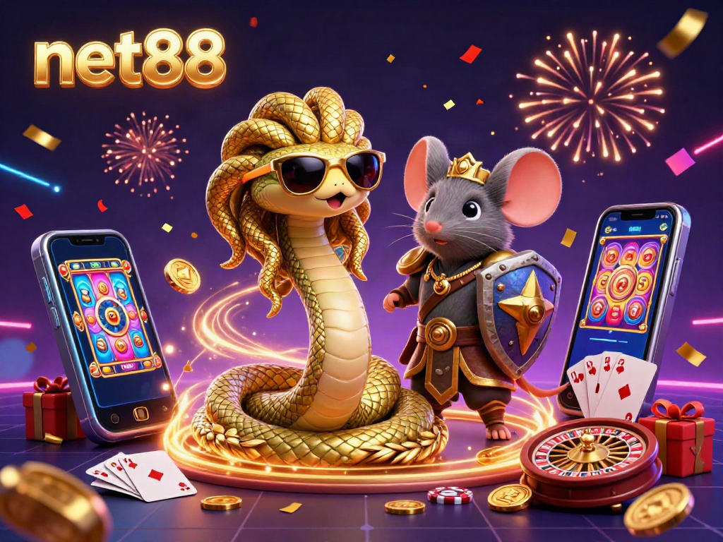 Experience gaming excitement with net88 in this vibrant 3D illustration featuring dynamic characters and casino elements.
