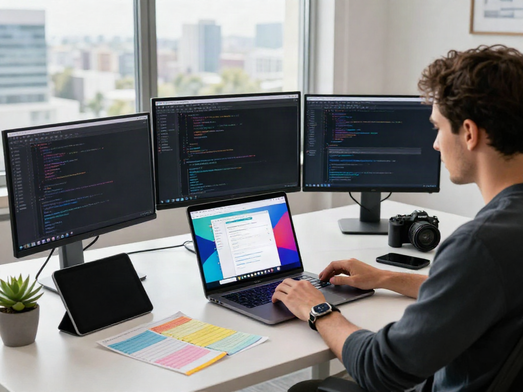 Developer working on weblink applications in a modern tech workspace with coding screens.