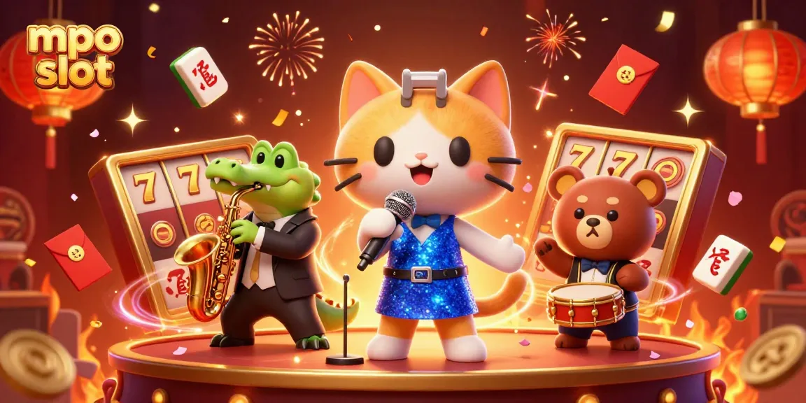 Engage with mpo slot action featuring vibrant characters and dynamic casino elements in a lively celebration.