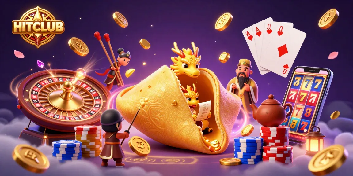 Hitclub's vibrant casino scene showcases a golden fortune cookie, wise dragon, and cascading coins.