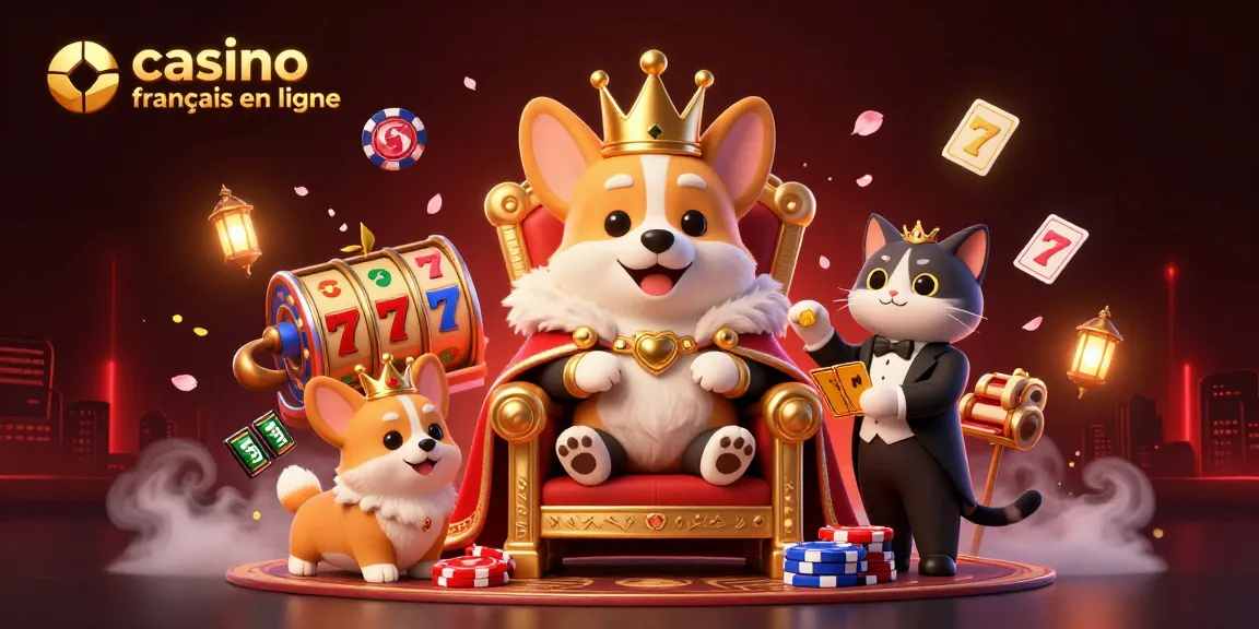 Une scène dynamique d'un casino français en ligne avec un corgi royal sur un trône de jetons de poker et un majordome chat.
