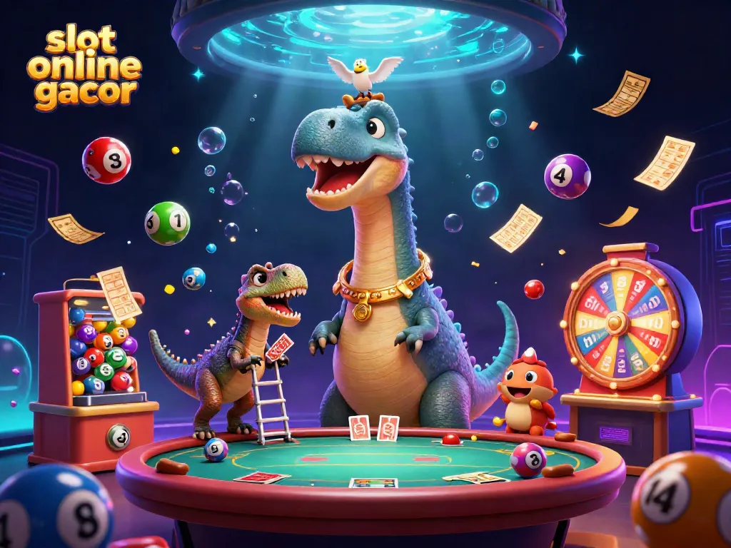 Engage in thrilling gameplay with slot online gacor through vibrant cartoon dinosaurs and dynamic casino elements.