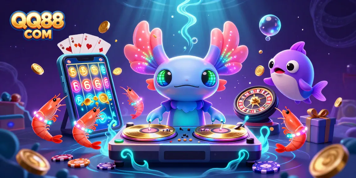 Spin to win at QQ88 COM with vibrant axolotl DJ and lively underwater casino scene.
