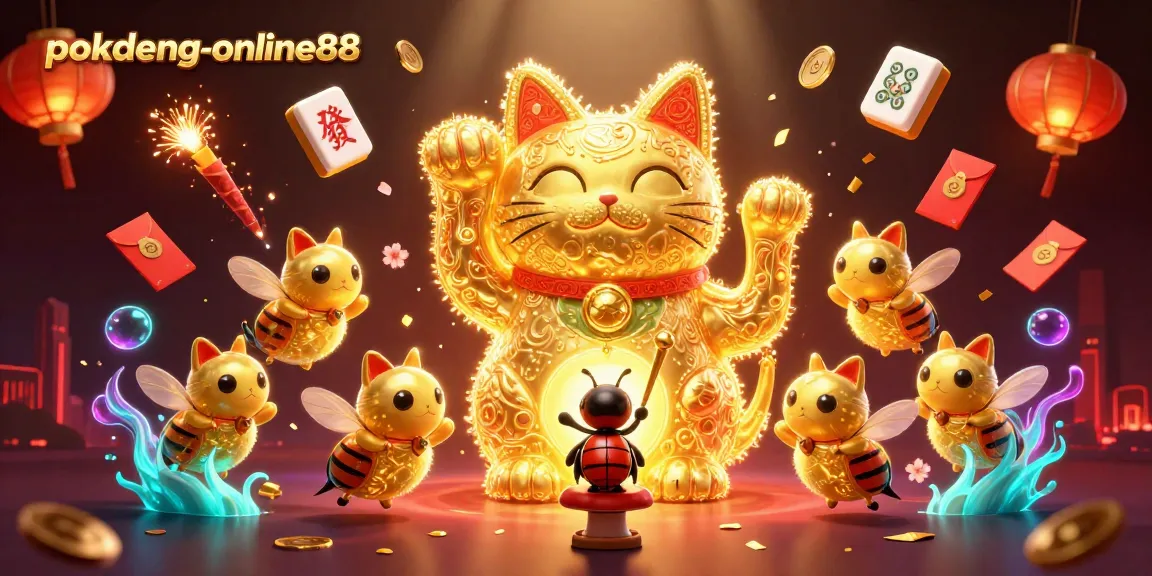 Play exciting Pok Deng with pokdeng-online88 as you meet a waving lucky cat and colorful casino symbols.