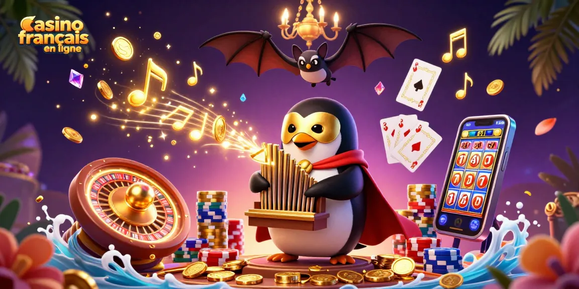 Le casino francais en ligne offre des jeux à travers une scène animée de victoire avec des pièces d'or et des cartes.