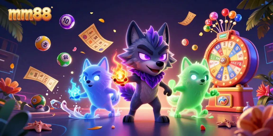 Engage with mm88's dynamic gaming experience featuring vibrant lottery elements and colorful casino themes.
