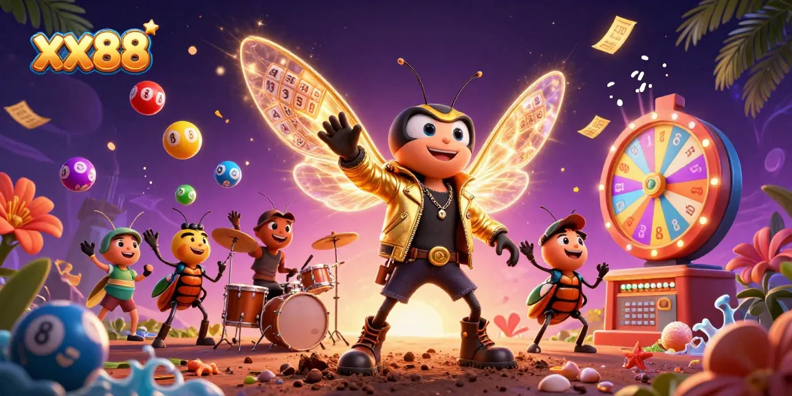 Experience excitement at xx88 with vibrant lottery elements and animated casino characters.