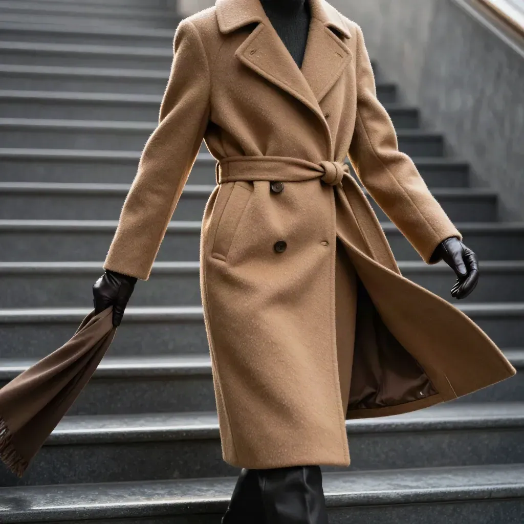 Camel belted coat sweeps on a charcoal stair landing with gloves and scarf in dramatic light.