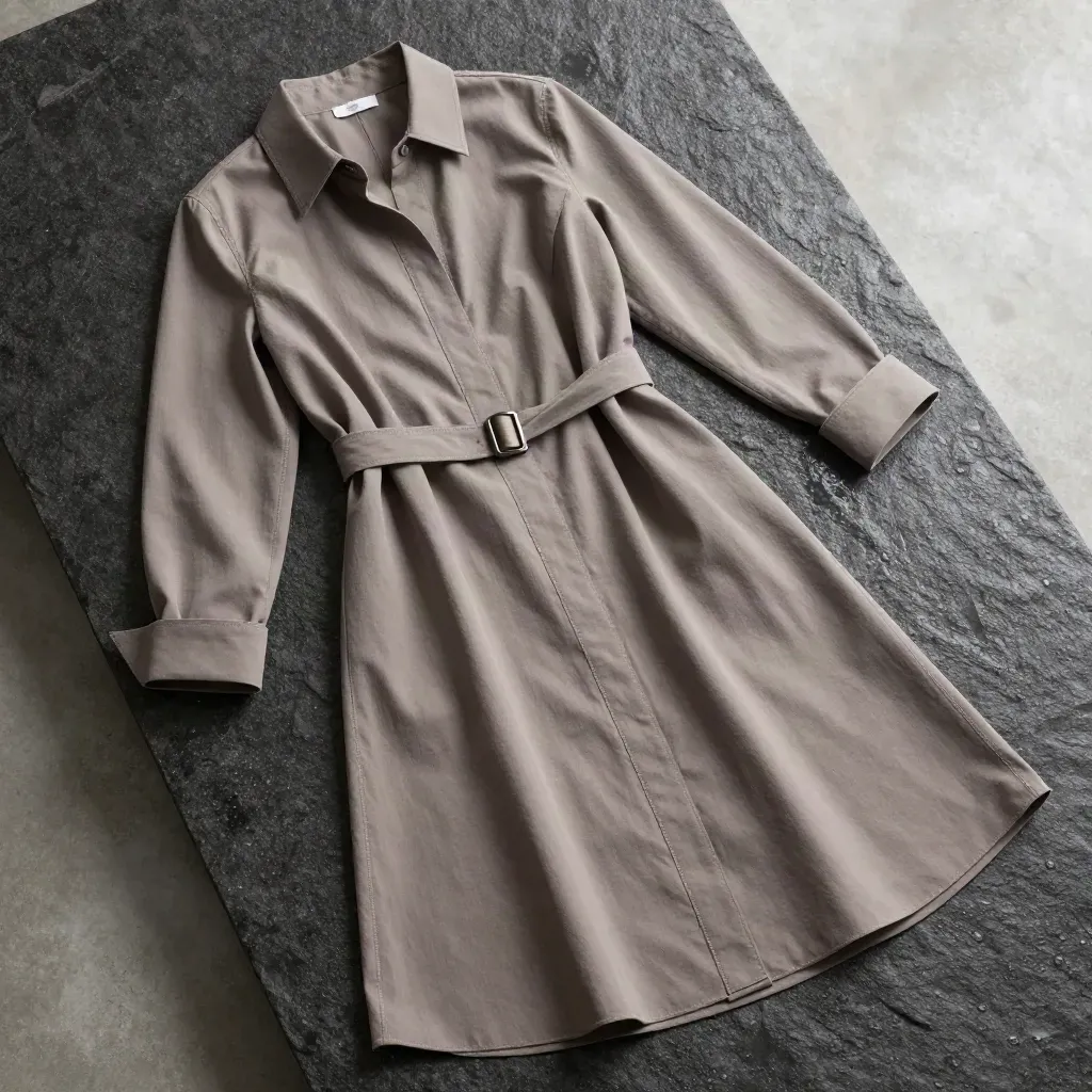 Overhead flatlay of a stone midi shirt dress on wet basalt with cuffs, belt, and misty shadows.