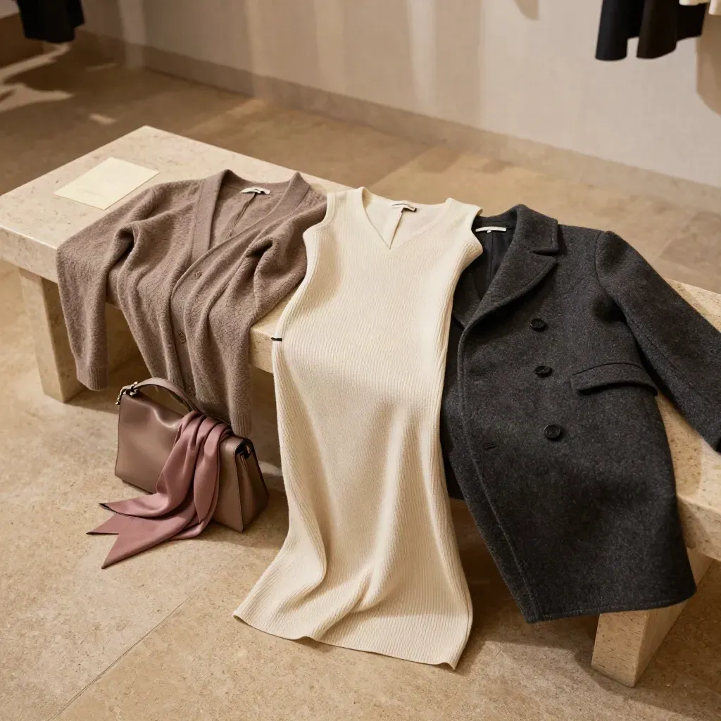 Cream knit dress, taupe cardigan, charcoal coat, and shoulder bag on a travertine bench.