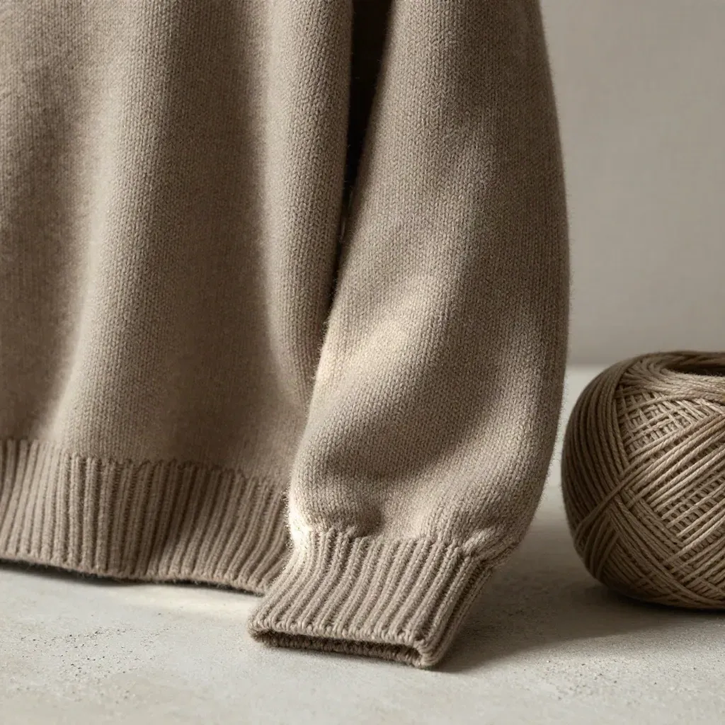 Macro of a sage knit sweater cuff and yarn skein on pale concrete under hard rim light.