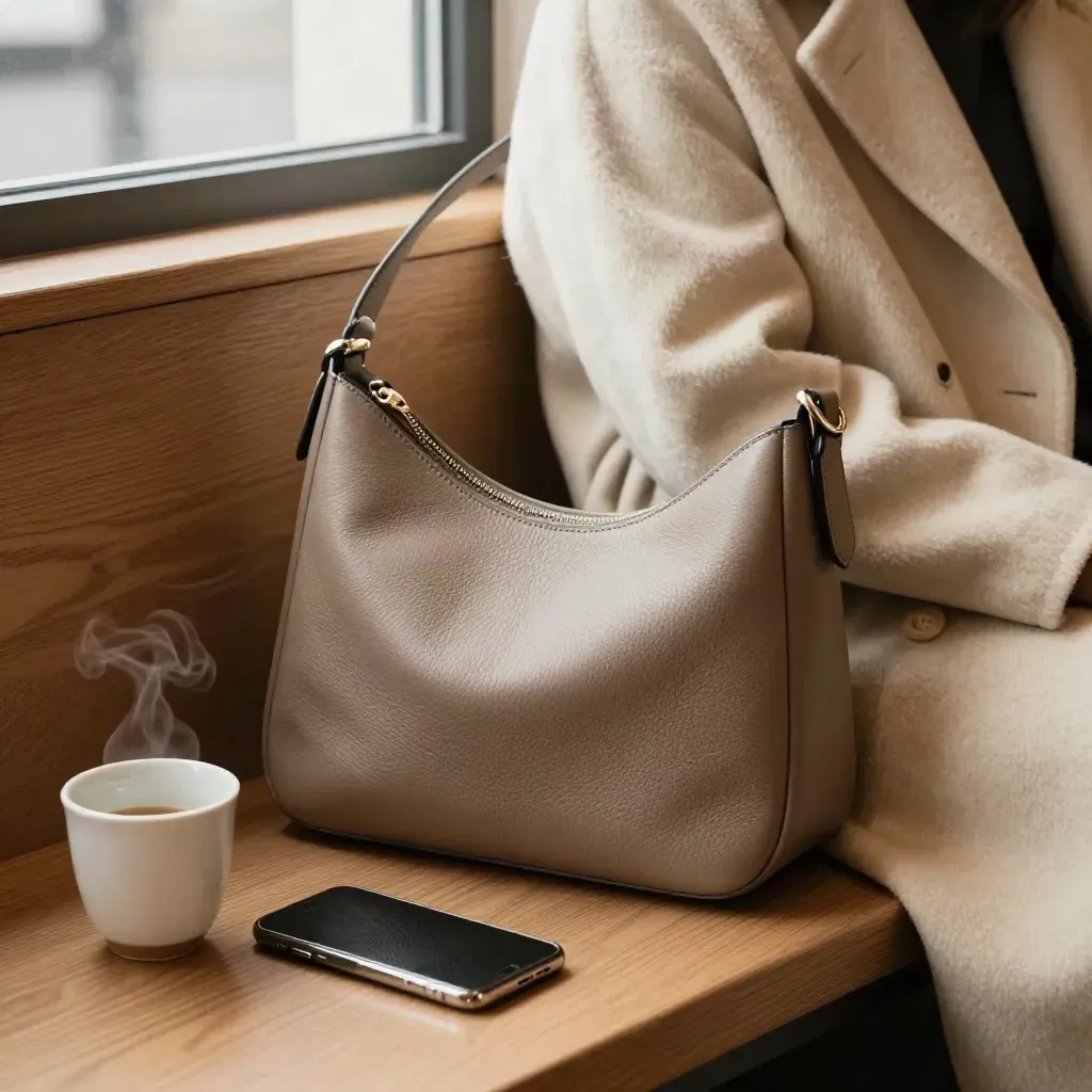 Taupe crescent shoulder bag leaning on a wool coat on a cafe bench with steam and window glow.