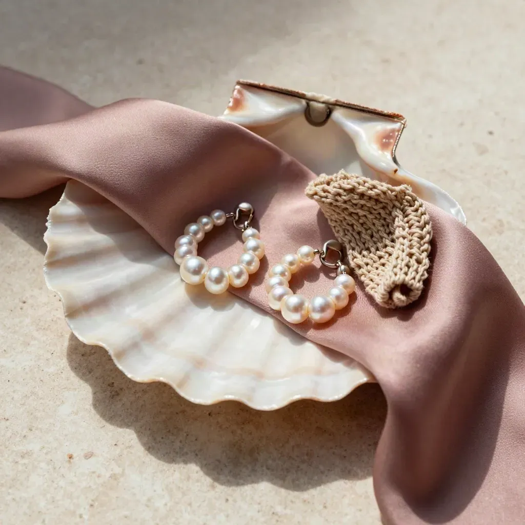 Pearl hoop set in a shell tray with dusty-rose silk on pale travertine, top-down.
