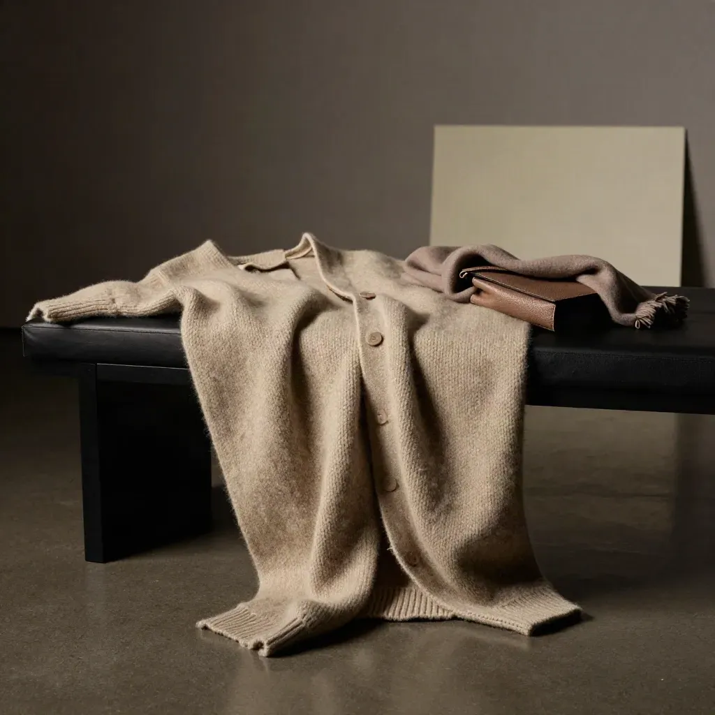 Oatmeal cardigan draped over a black bench with scarf and leather bag in dim studio light.