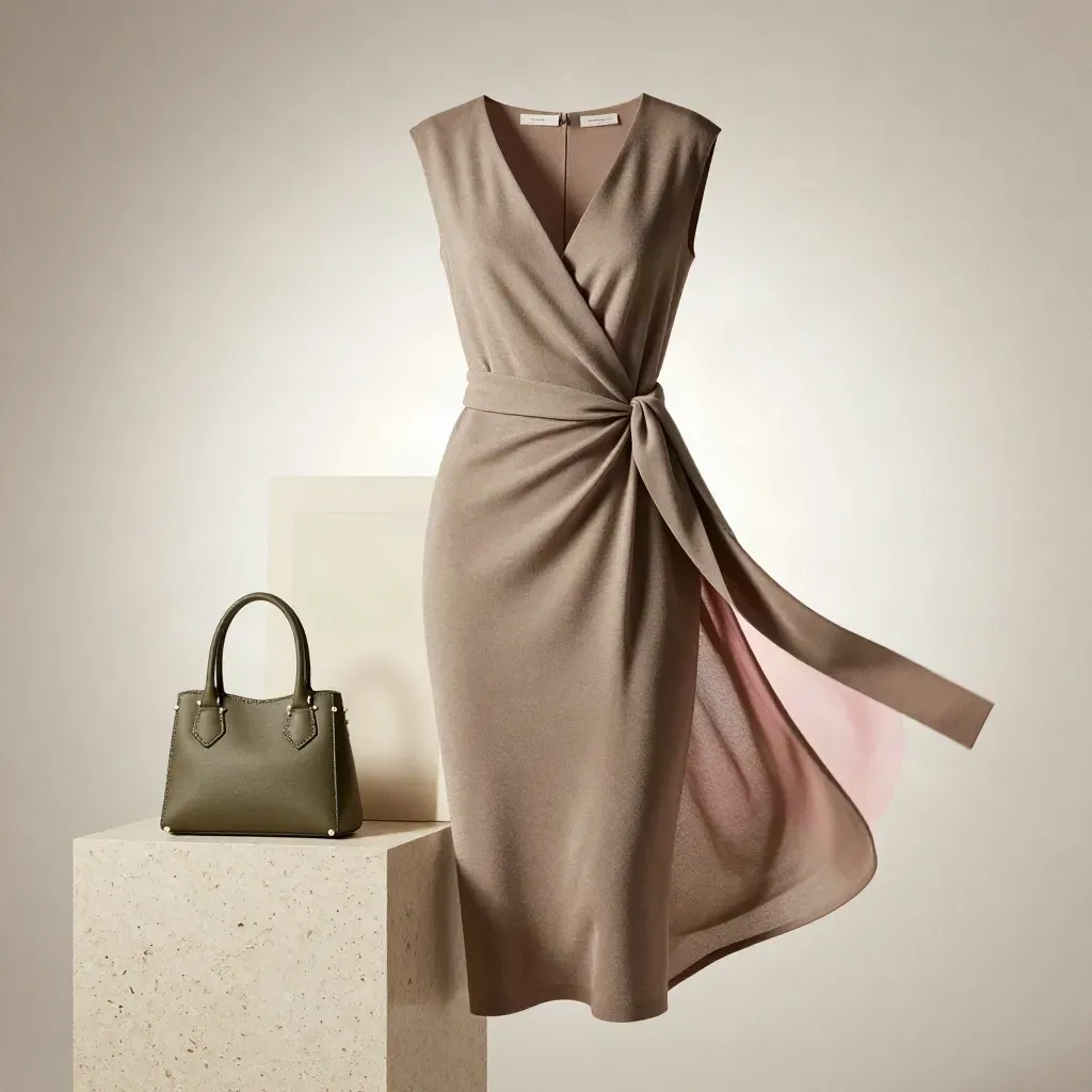 Stone wrap dress on a sculpted form with knit wrap, bag and pearl studs in soft studio light.