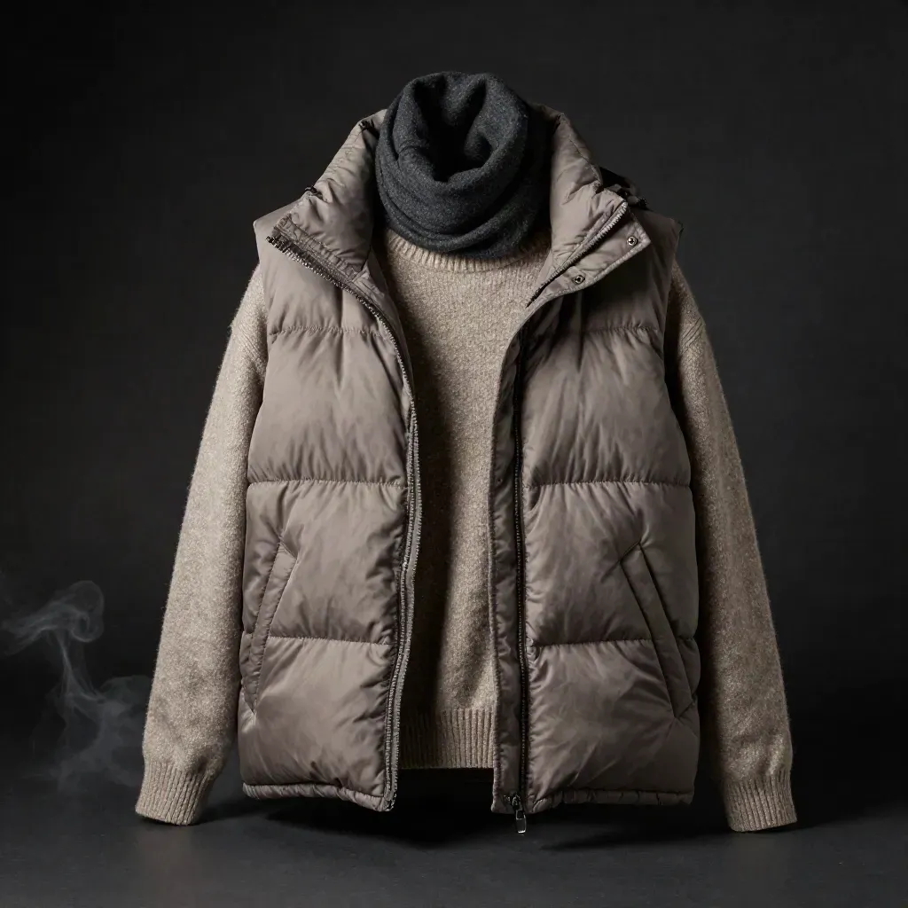 Taupe puffer vest over sweater and scarf on a dark studio surface, lit dramatically