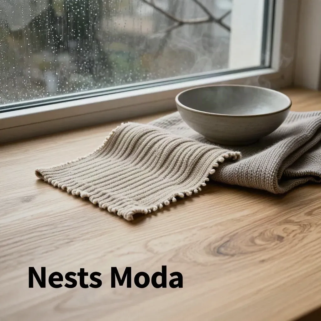 Frosted oak surface by rainy window with knit swatch and ceramic bowl