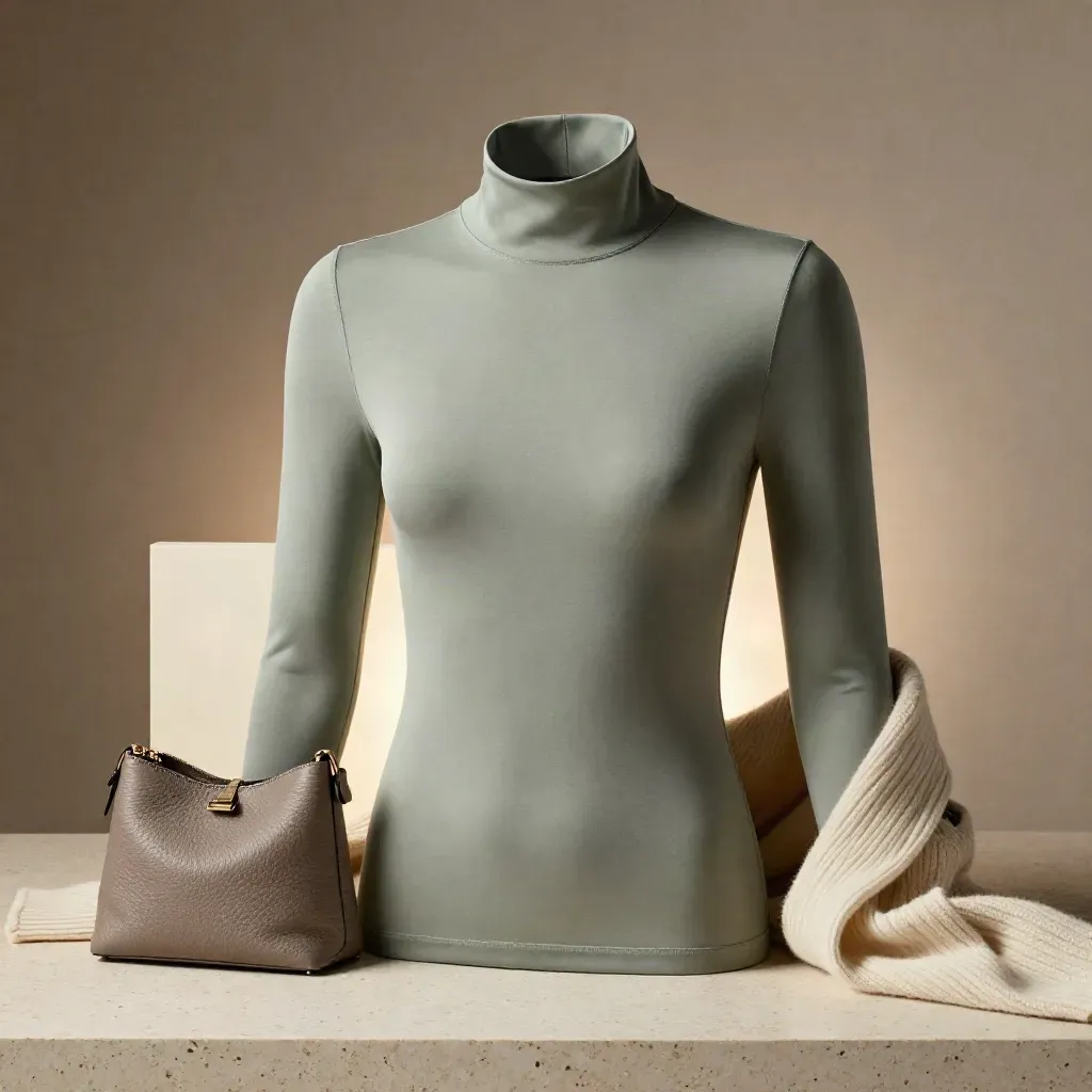 Muted sage mock neck top on a cream plinth with cardigan edge and small bag, softly backlit.