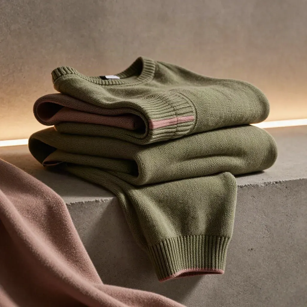 Moss knit lounge set stacked in macro with soft steam and dusty rose accent.