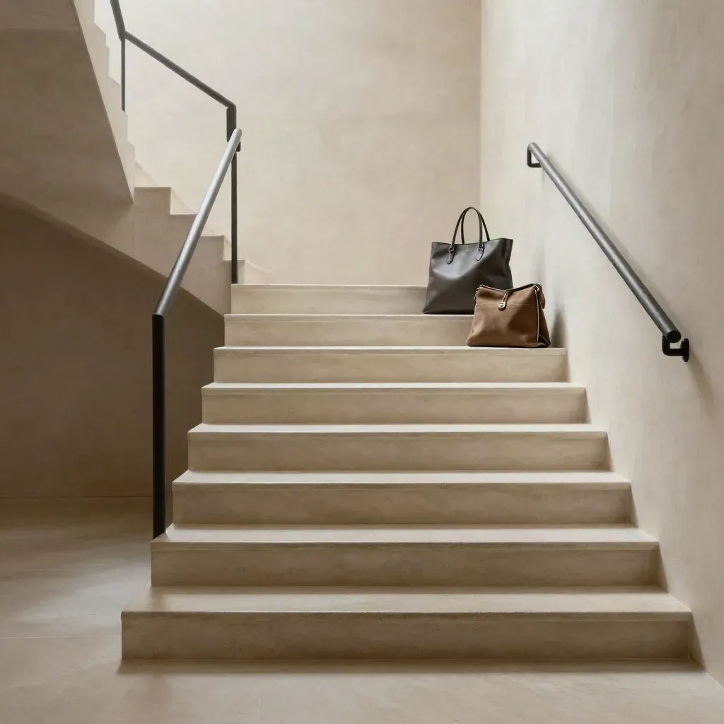 Stone stair hall with leather bags in foggy morning light, calm copy space below.