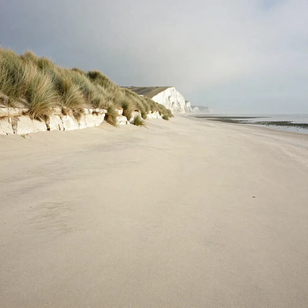 Coastal bluff, pale limestone path, dune grass, and bright water under thinning clouds.