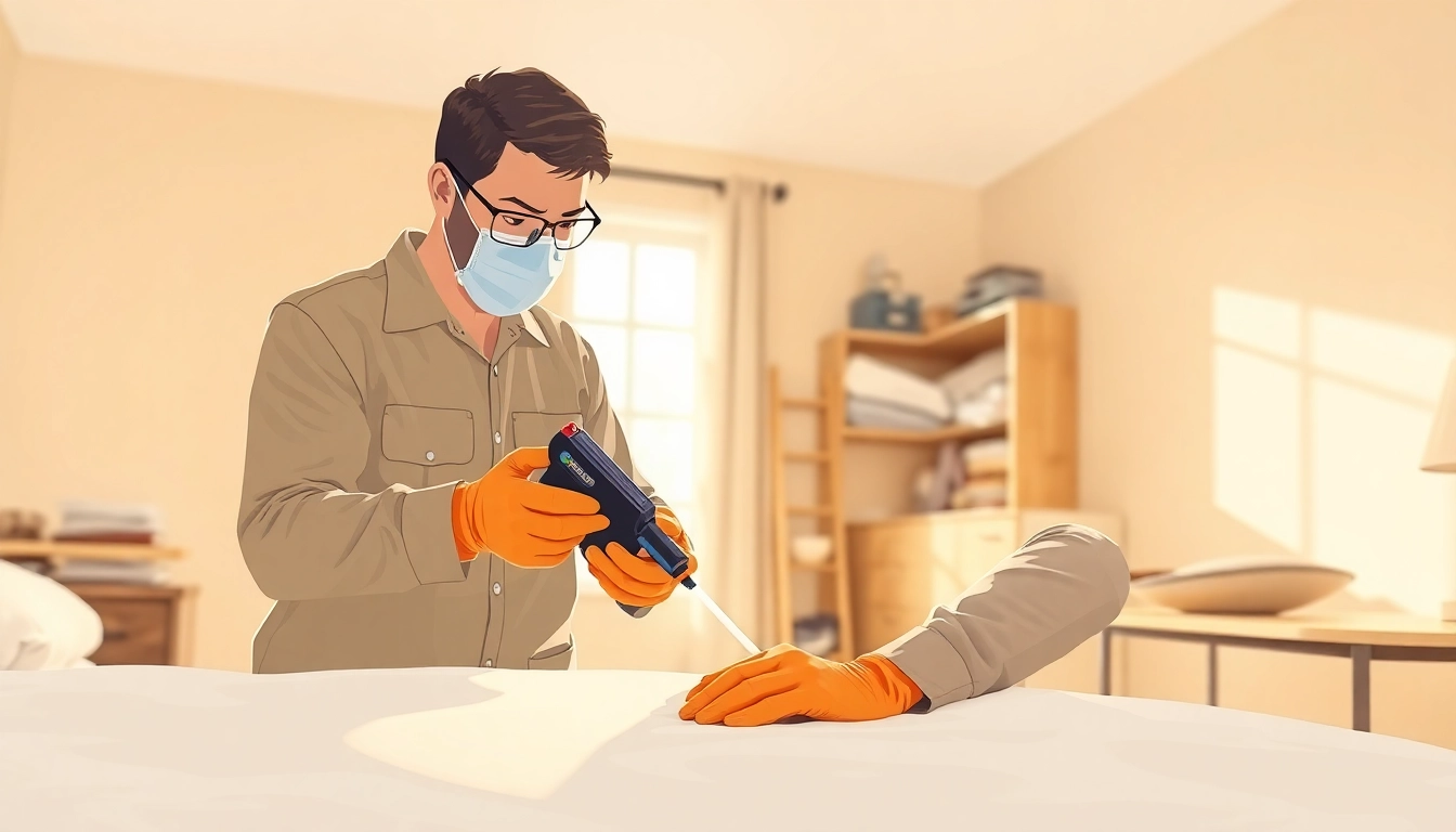 Professional technician conducting bed bug removal in a clean bedroom environment.
