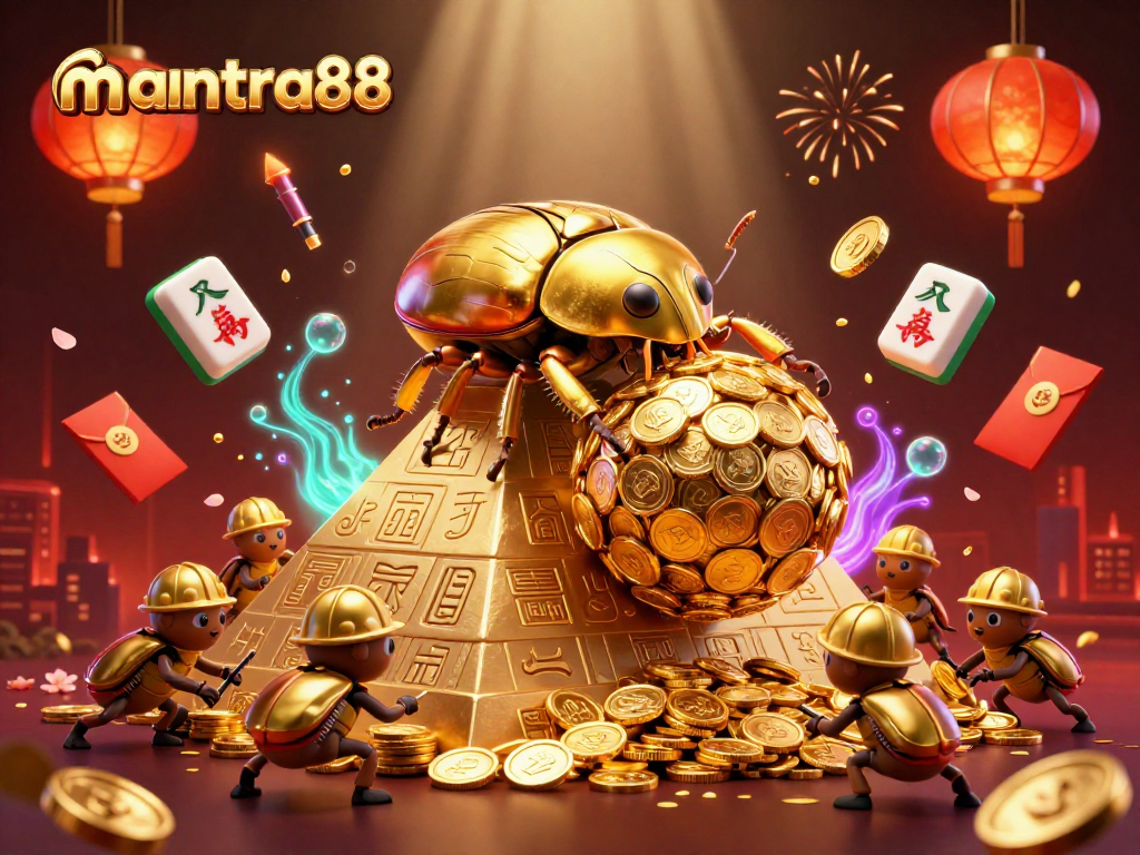 Engage with mantra88's dynamic casino adventure featuring golden beetles and mahjong tiles.