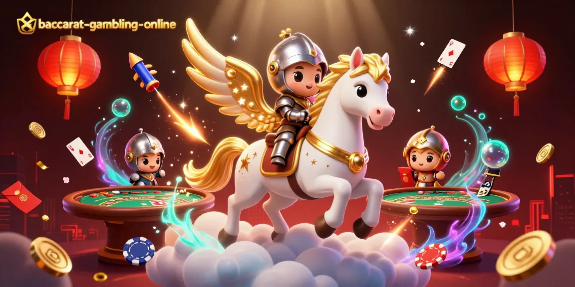 Baccarat-gambling-online captures the excitement of 3D casino action with floating cards, chips, and a celestial scene.