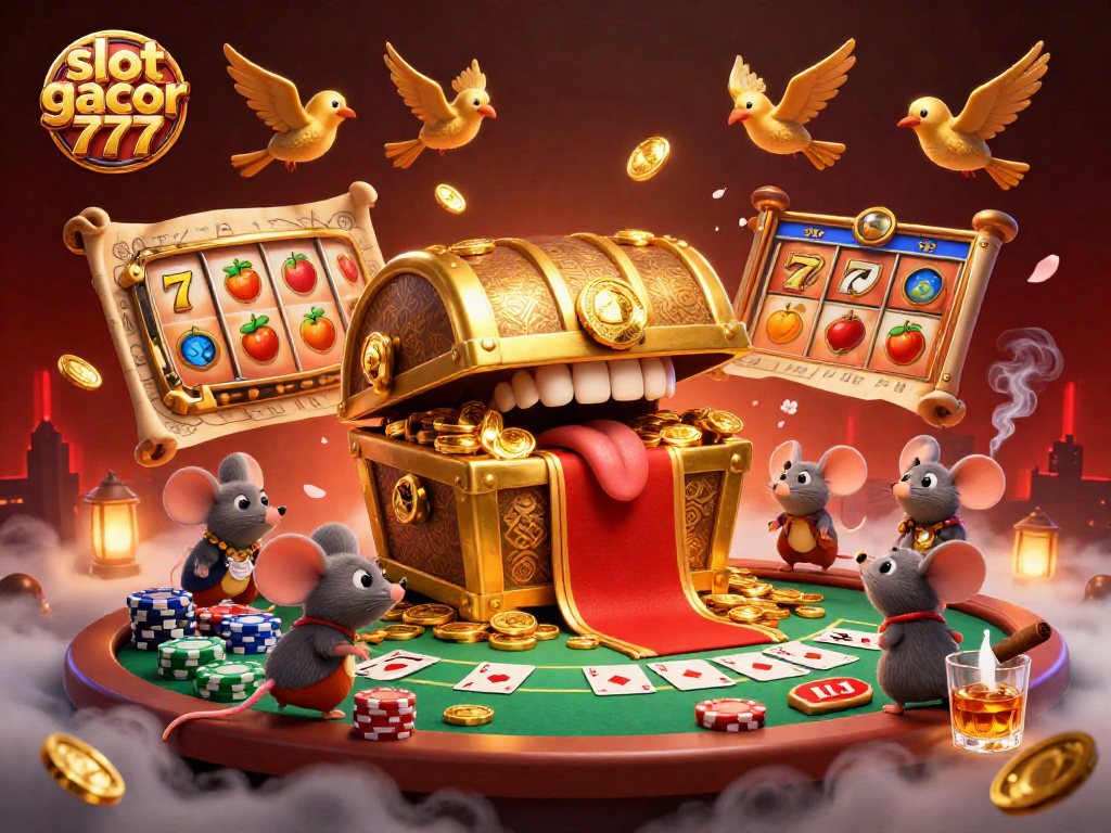 Engage with slot gacor 777 amid a vibrant 3D illustration of a golden treasure chest and casino elements.