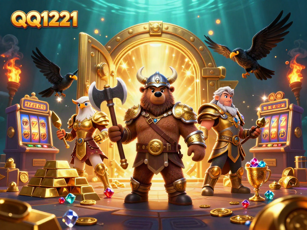 Experience thrilling gameplay at QQ1221 with animated slot machines and a dynamic Viking scene.