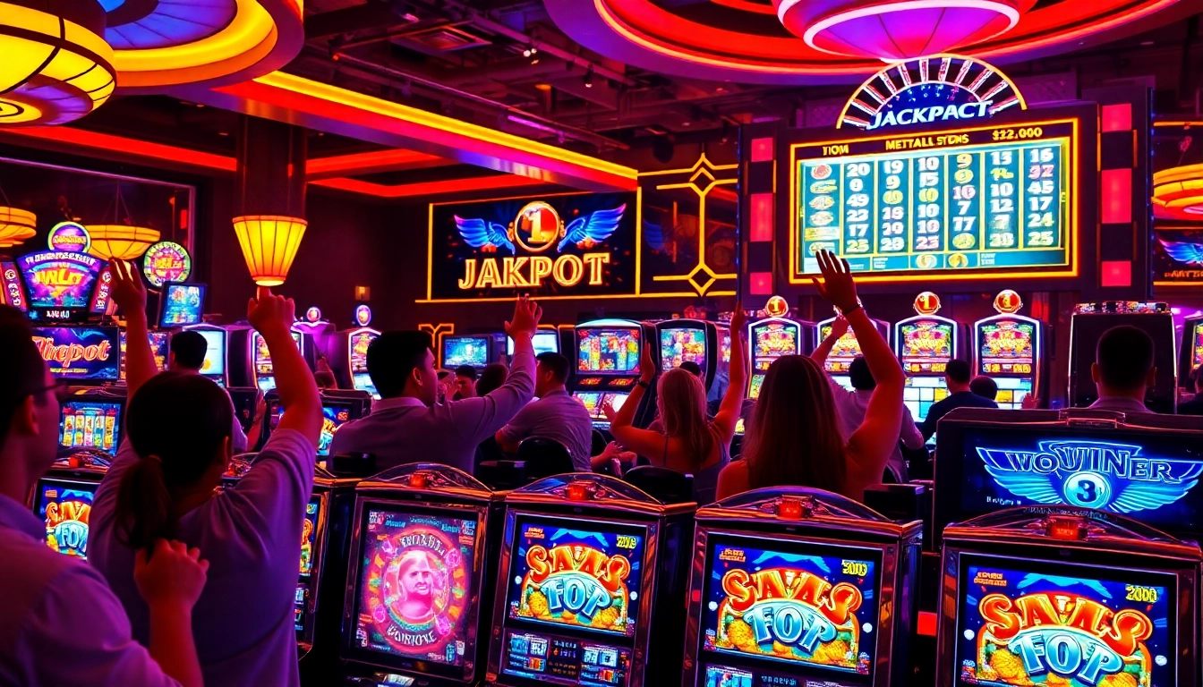 Experience the excitement of slot gambling as players enjoy vibrant machines in a lively casino setting.