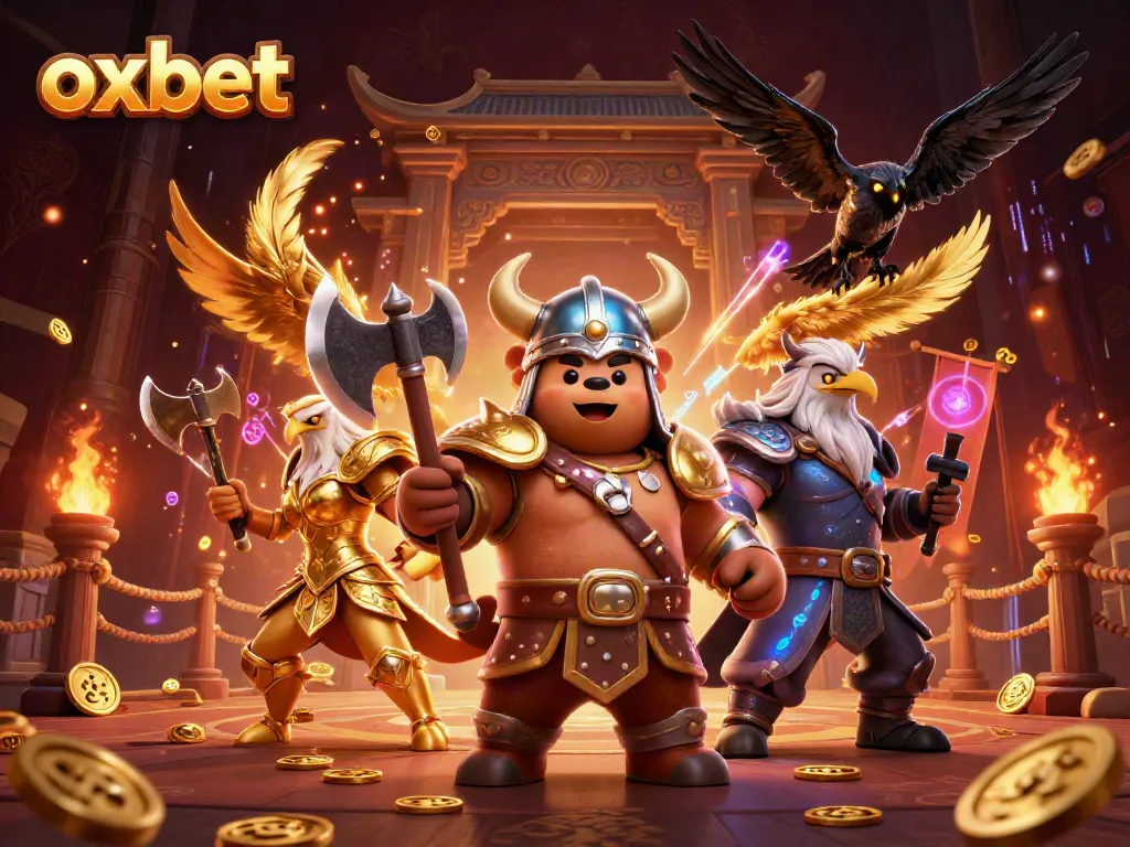 Win with OXBET in this vibrant 3D illustration showcasing dynamic casino characters and epic game elements.