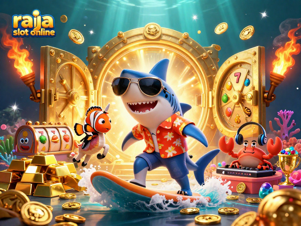 Experience the excitement of raja slot online with colorful characters amidst a treasure-filled casino scene.