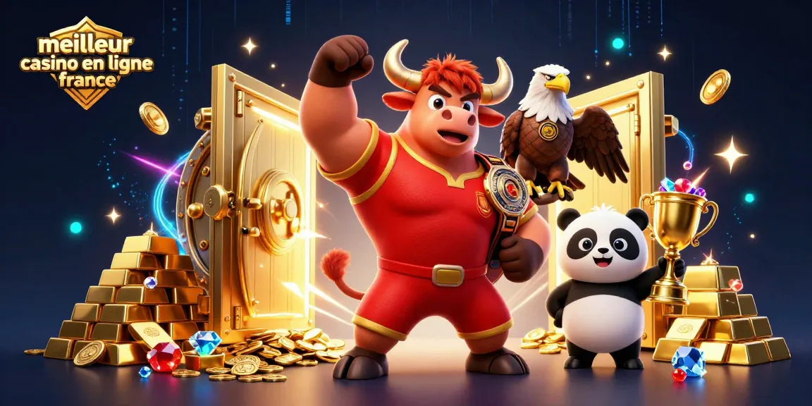 Jouez dans le meilleur casino en ligne France avec cette illustration 3D animée des mascottes et trésors étincelants.