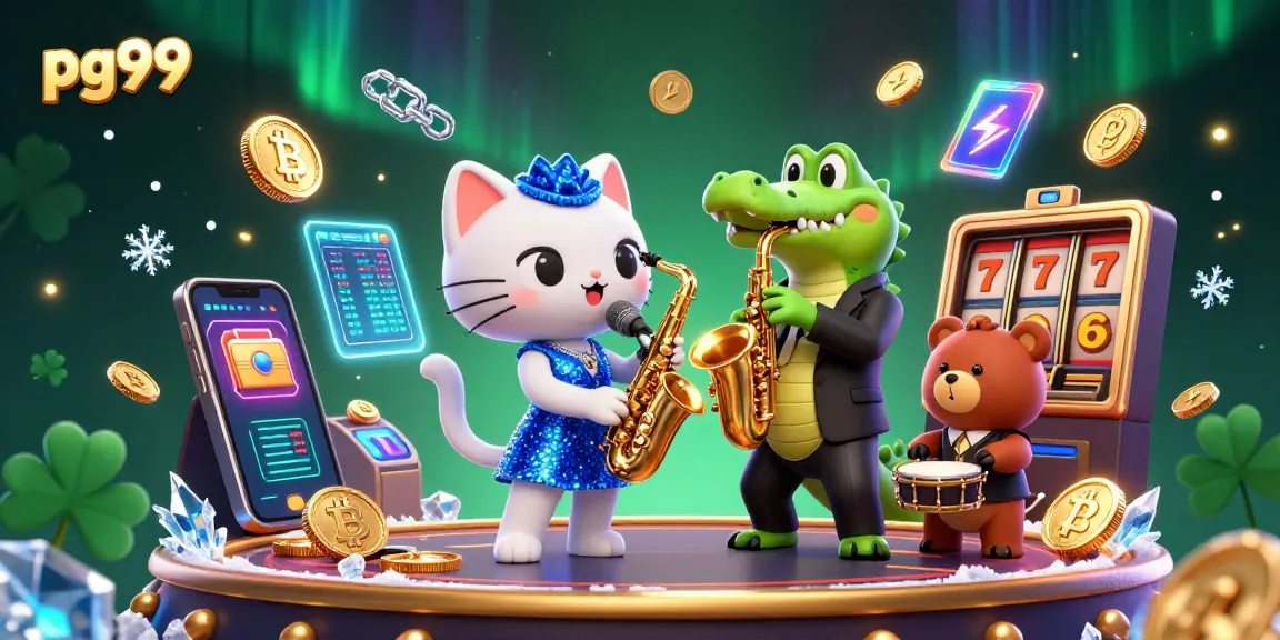 Experience the vibrant world of pg99 with interactive characters, Bitcoin elements, and casino excitement.