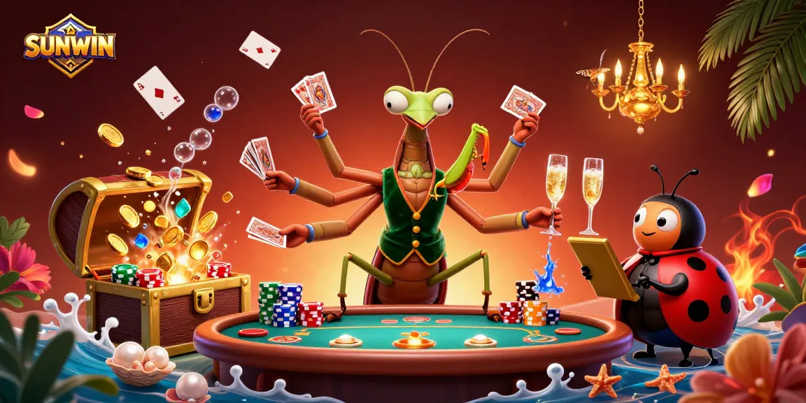 SUNWIN brings excitement to your gaming experience with a lively casino scene featuring animated characters handling cards and chips.