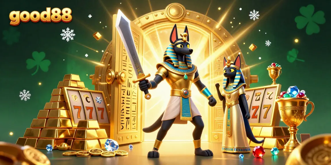 Engage with the vibrant good88 gaming experience featuring Anubis, a sacred cat, and opulent treasures.