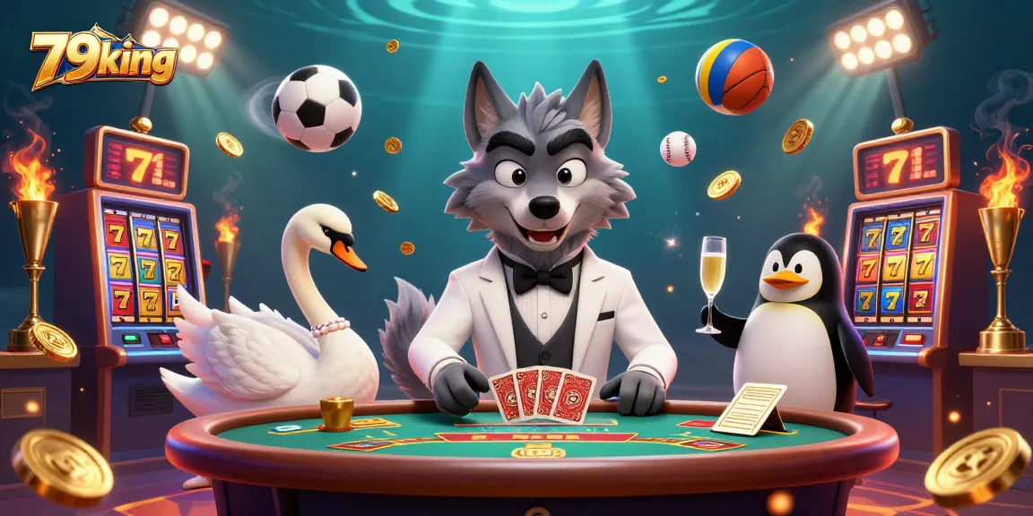 Experience thrilling action at 79king with a debonair wolf and colorful gaming elements.