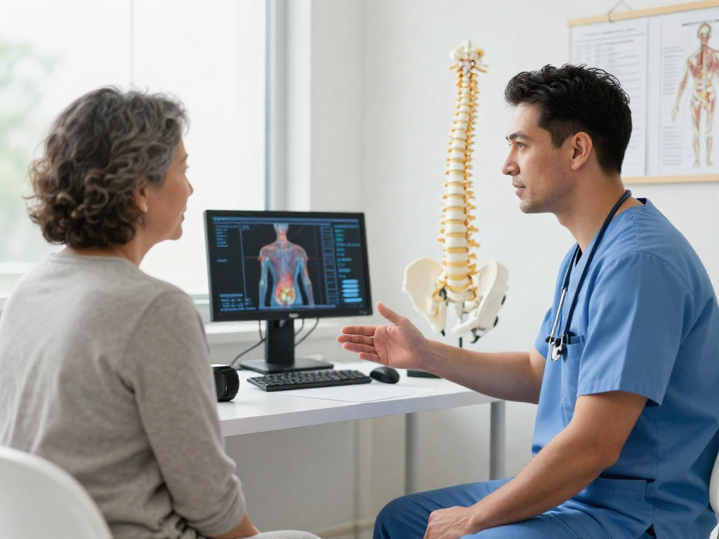 Patient discussing Bel fıtığı ameliyatı options with a surgeon in a modern clinic.