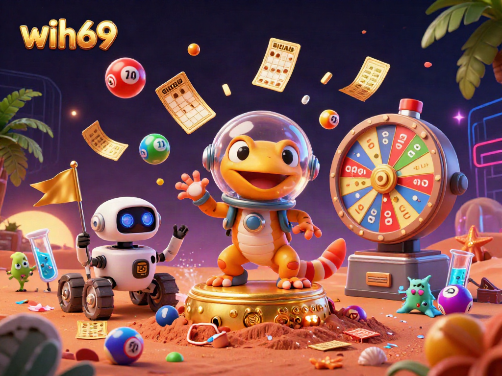 Permainan menarik di WIH69 menampilkan ikonik Martian geko dan robot, menjelajahi kasino emas di Mars.