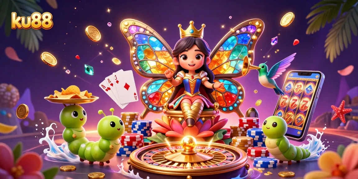 ku88 spins a vibrant 3D casino scene featuring a butterfly queen surrounded by riches.