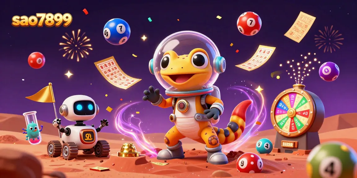 Swing into action with sao7899 as a Martian gecko uncovers a majestic casino on Mars, surrounded by colorful lottery elements.