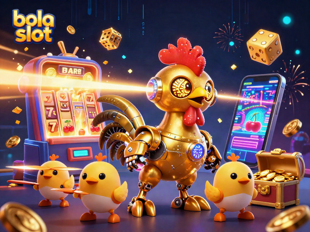 Engage in the vibrant world of bola slot with a golden rooster robot and dynamic slots elements.