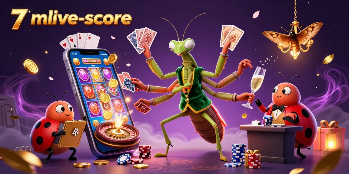 Experience excitement at 7mlive-score with a vibrant casino scene featuring dynamic characters.
