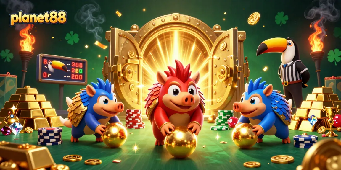 Engage in thrilling gaming at planet88, where pangolins bowl through poker chips in a vibrant casino scene.