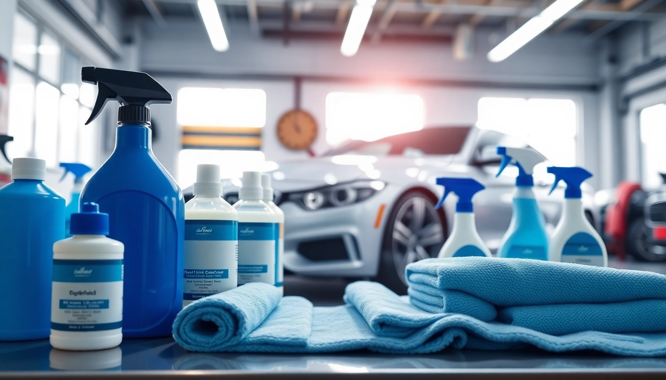 Showcase of car detailing products Canada in a professional garage setting, highlighting quality cleaning solutions.