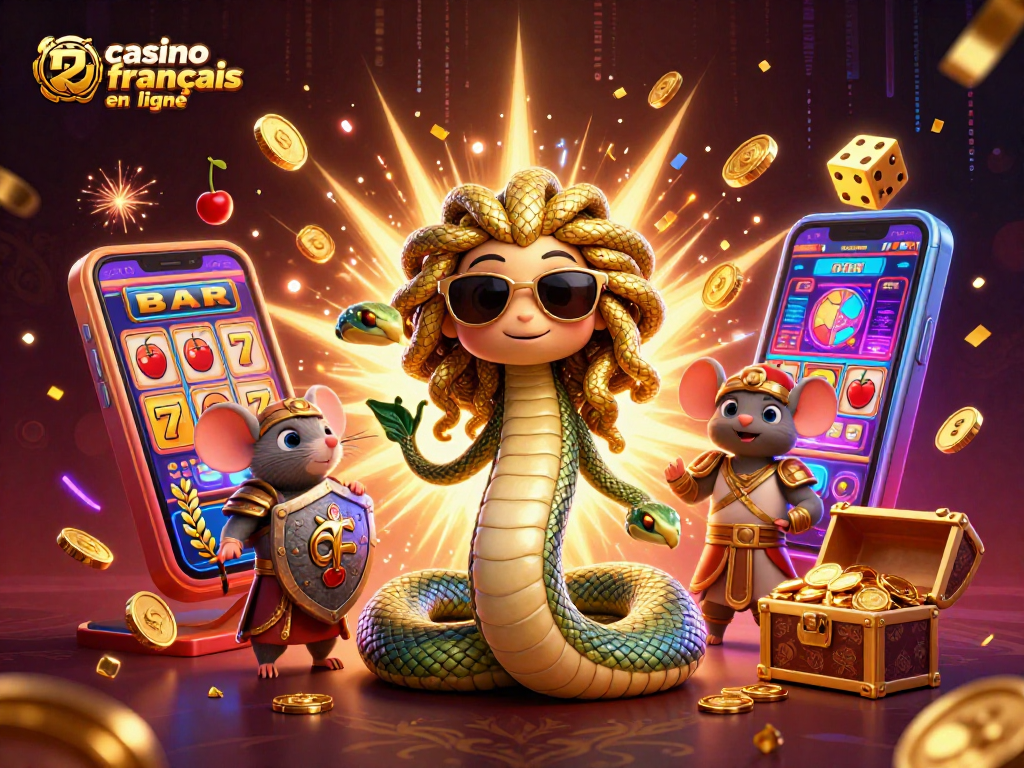 Casino français en ligne : Medusa et un guerrier souris profitent des machines à sous lumineuses.