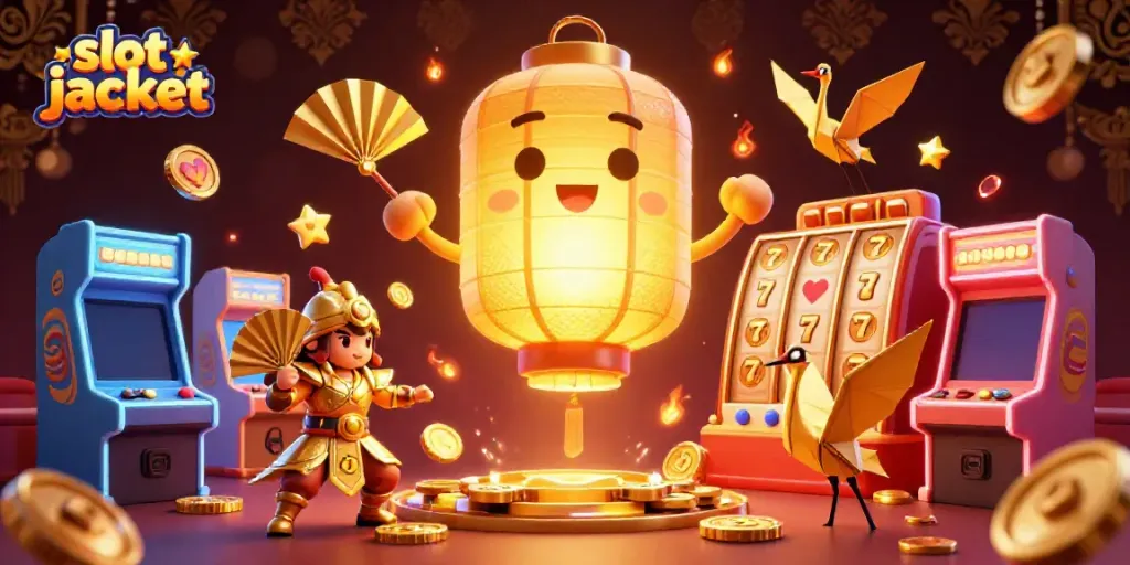Slot jackpot terlihat pada ilustrasi sihir kasino malam yang menyenangkan dengan elemen perjudian yang penuh warna.