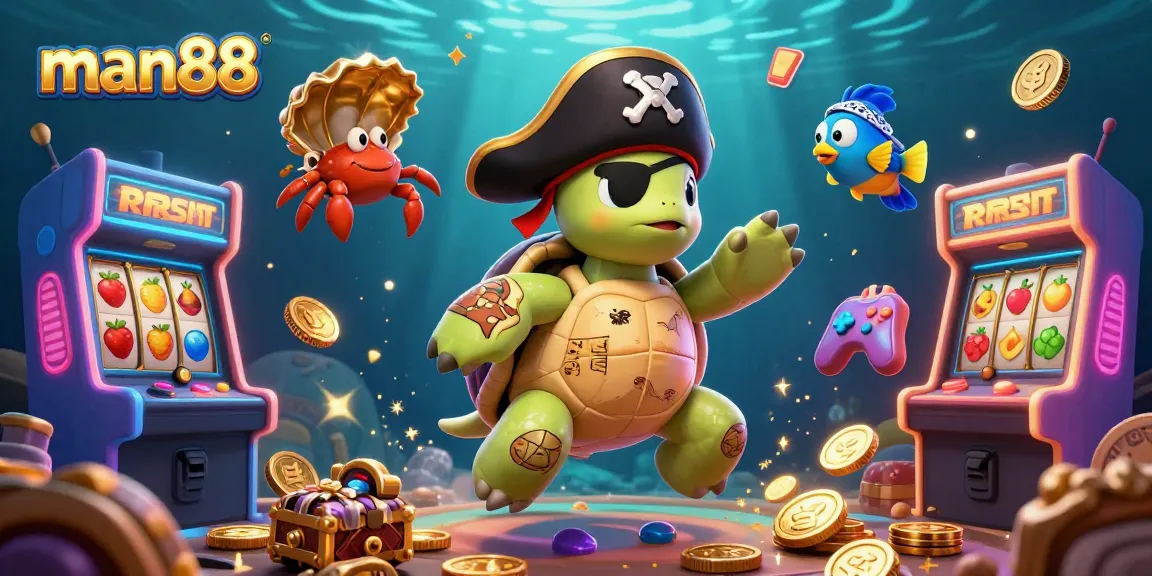 Join the adventure with man88 as the turtle pirate explores slots treasure in an underwater world.