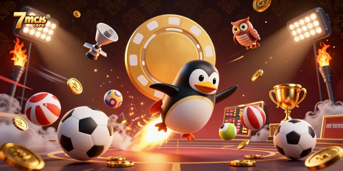 Experience the thrill of 7mcnscore with a golden penguin in a vibrant casino scene.